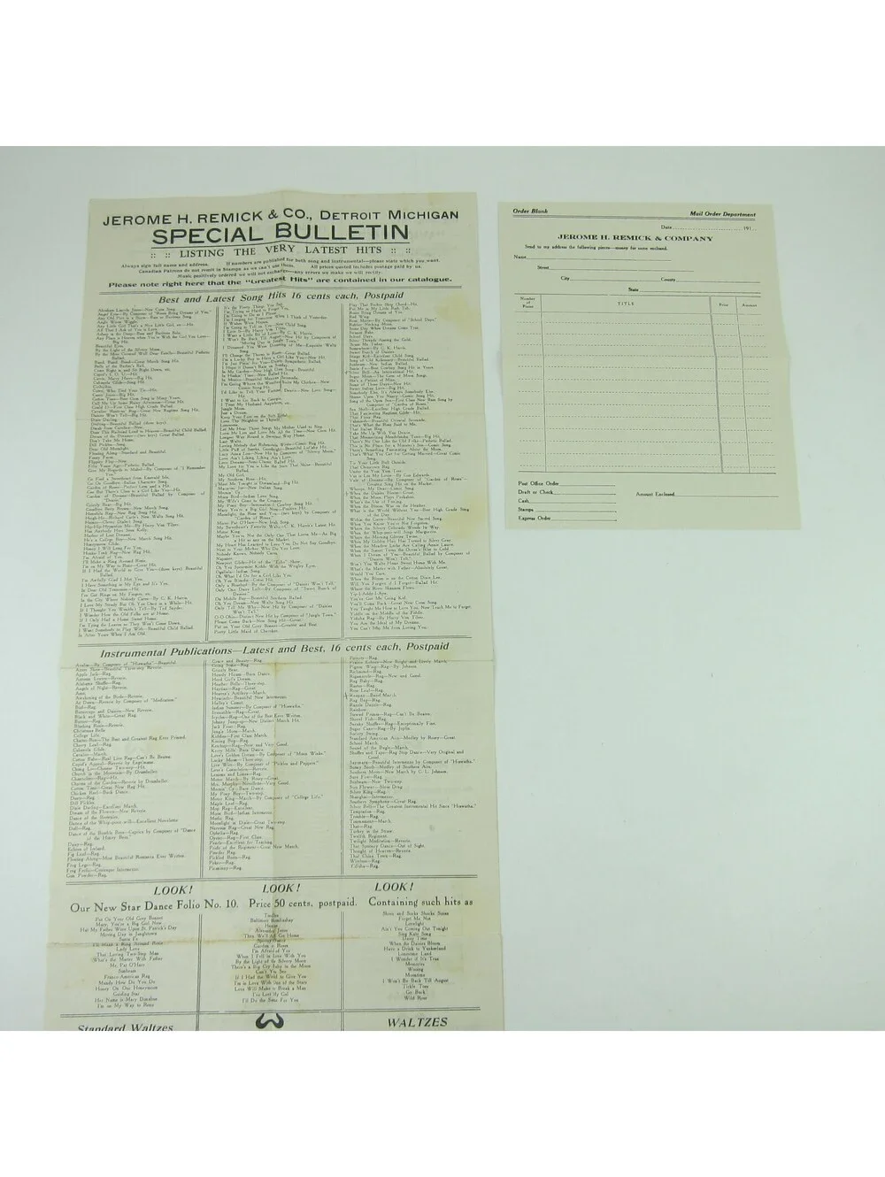 Sheet Music Jerome H. Remick & Co Advertising Special Bulletin Form Antique 1910